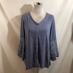 Soft Surroundings Dusty Blue 3/4 Sleeve V Neck With Embroidery - Womens Medium